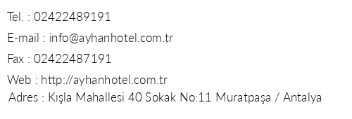 Ayhan Hotel Antalya telefon numaralar, faks, e-mail, posta adresi ve iletiim bilgileri